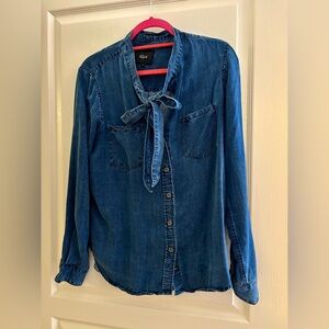 Anthropologie Blue Denim Button-Up Shirt with Bow Tie